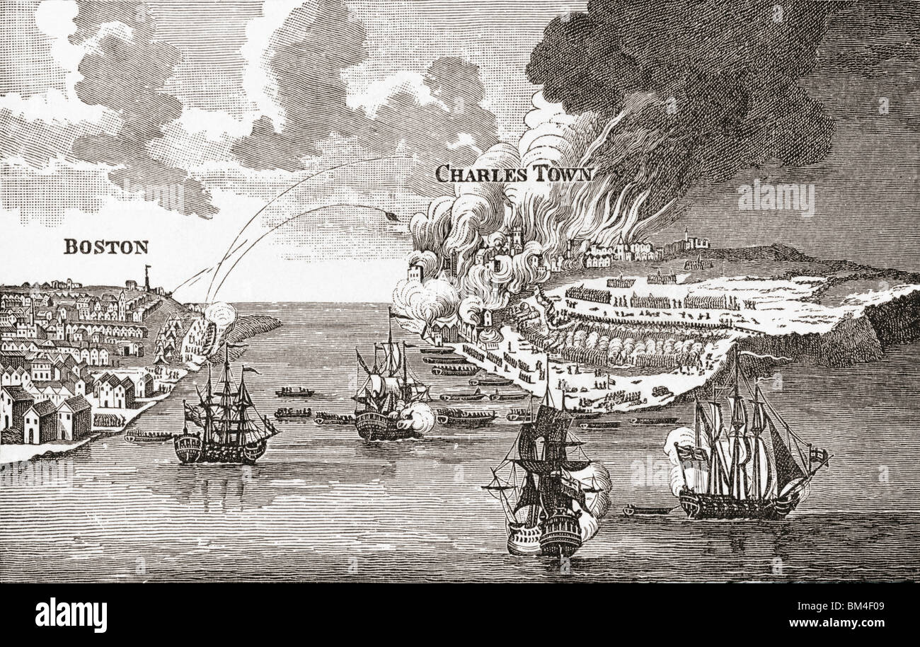 The Battle of Bunker's Hill and the burning of Charlestown in 1775. Stock Photo