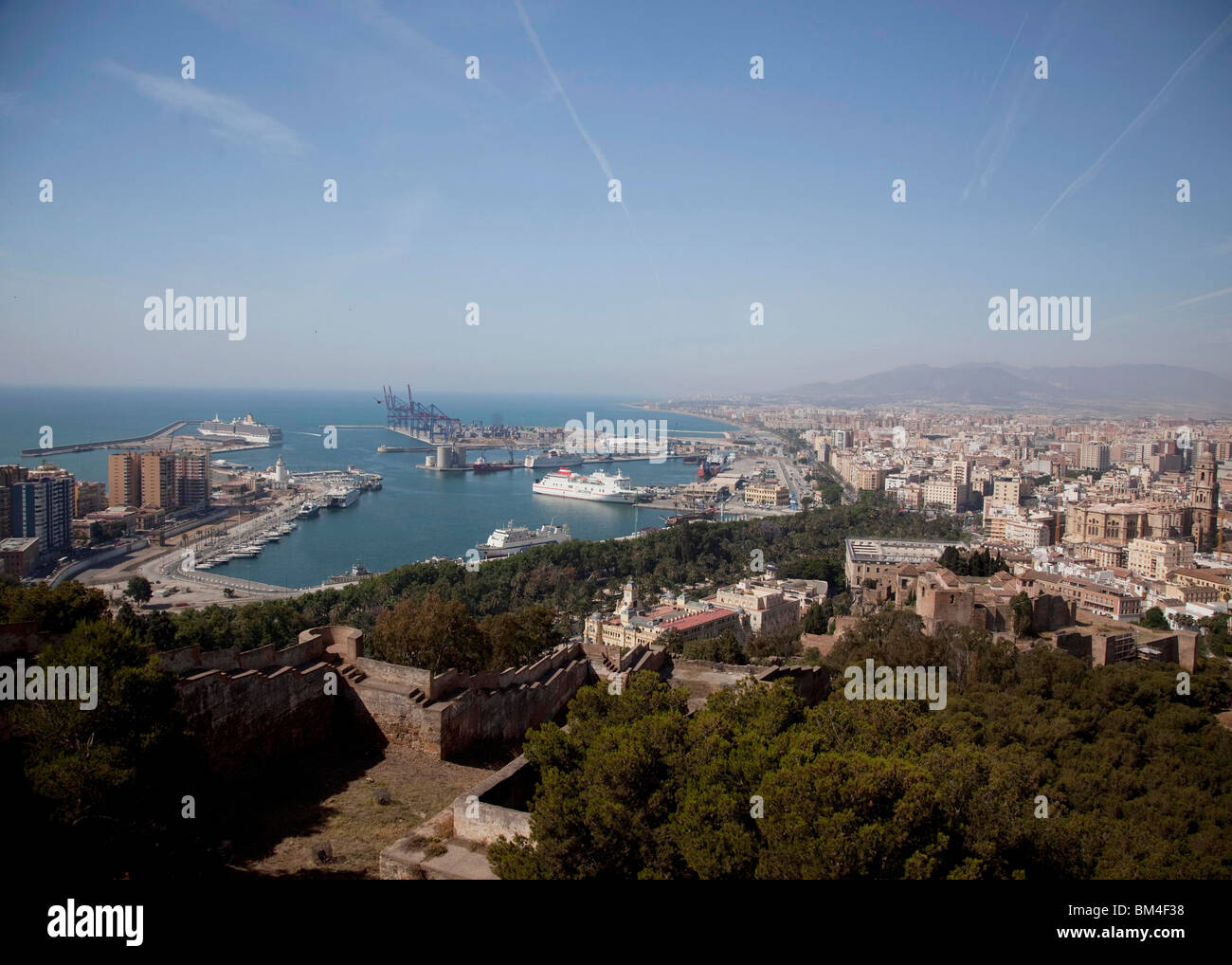 Malaga from Castillo de Gibralfaro, P&O Liner Arcadia in port Stock Photo