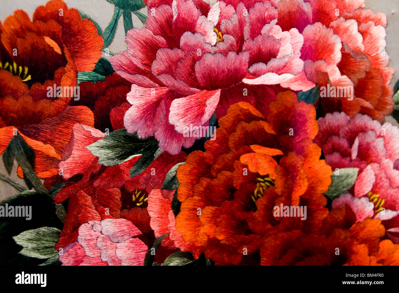Colorful embroidery of peony in china Stock Photo