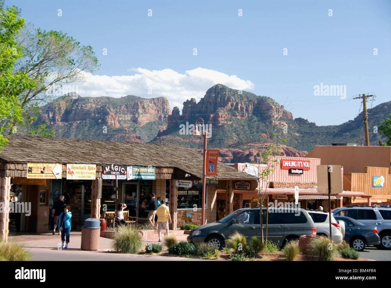 Shops shopping in main street Highway 89A through the city of Sedona Arizona USA  Stock Photo