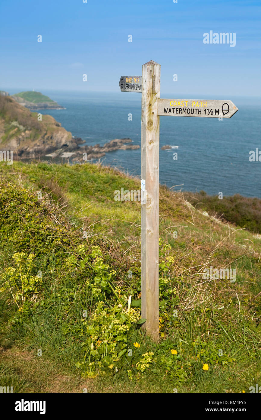 UK, England, Devon, Ilfracombe, South West Coast Path signpost above ...