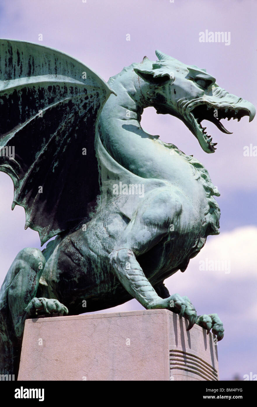 Ljubljana, Slovenia, June 2009 -- Dragon statue on the Dragon Bridge. Stock Photo