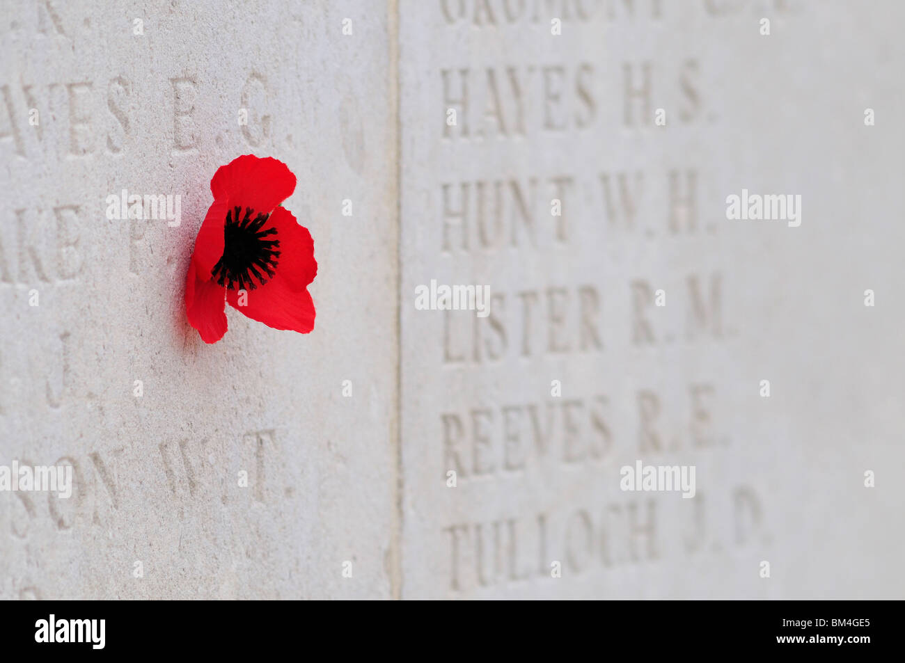 Names of missing Australian soldiers inscribed on wall at V.C. Corner Australian Cemetery and Memorial, Fromelles Stock Photo