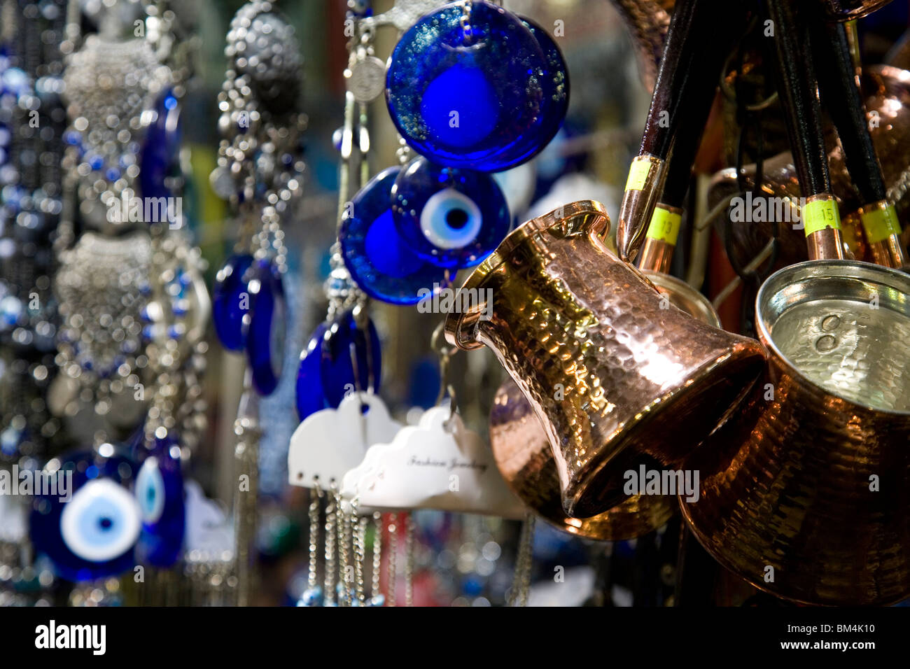 Evil eye amulets and copper ware on sale at the Grand Bazaar in