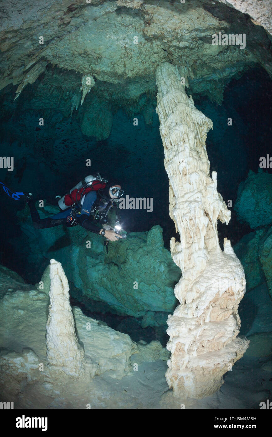 Scuba diver in Bat Cave Cenote, Playa del Carmen, Yucatan Peninsula