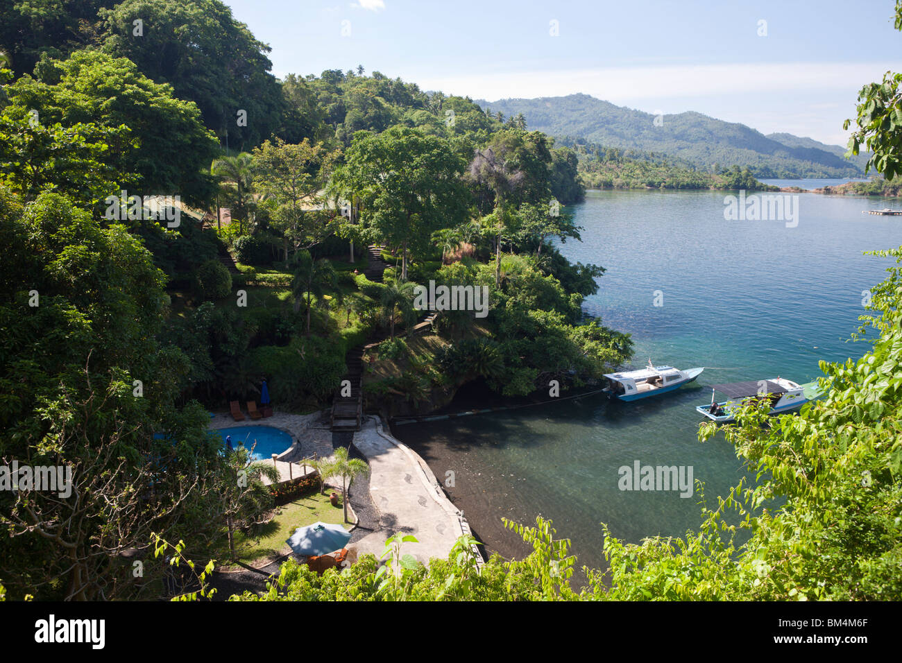 View of Lembeh Strait Resort, North Sulawesi, Indonesia Stock Photo