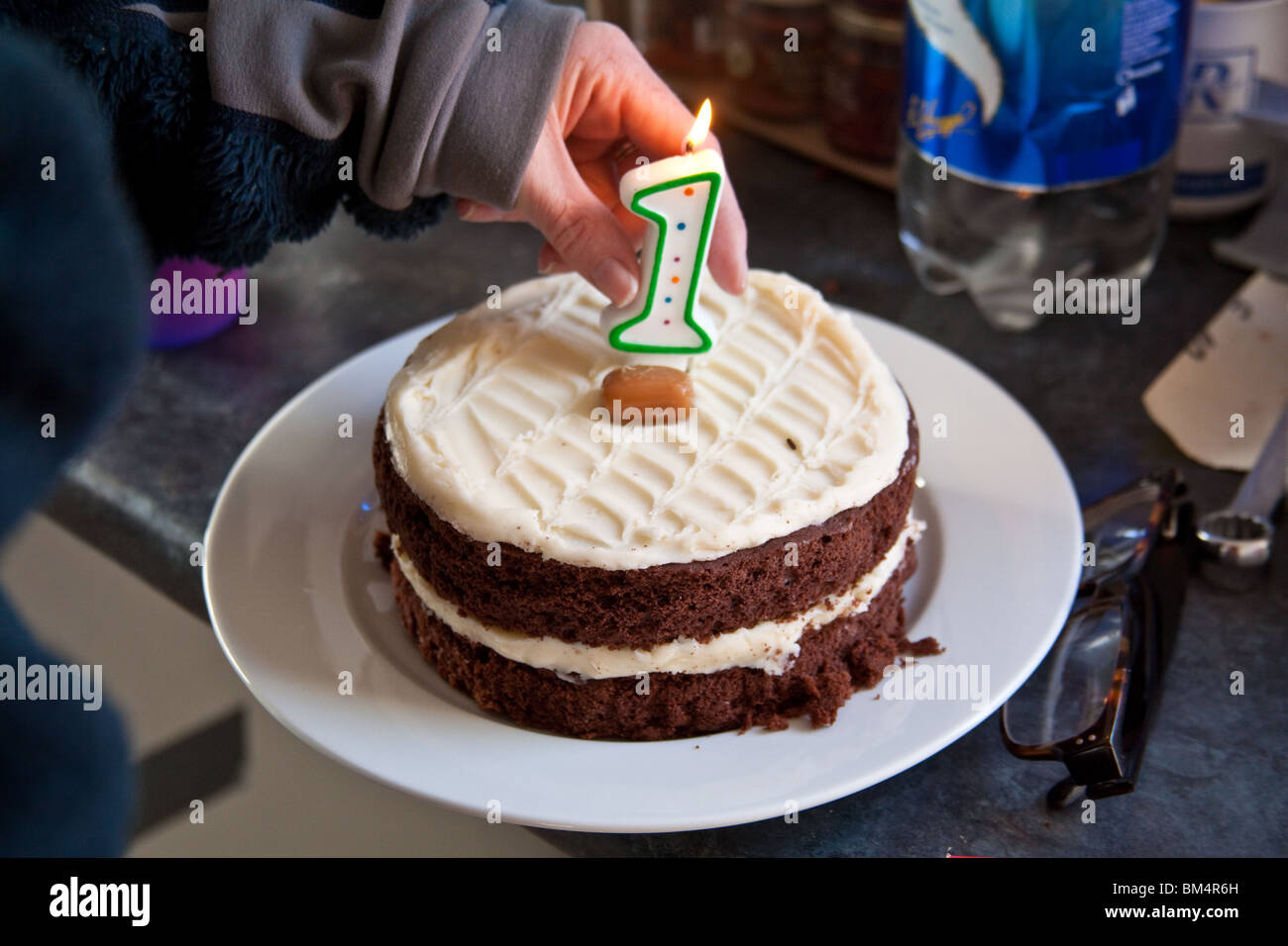 Chocolate, birthday cake with a number 1 candle. Stock Photo