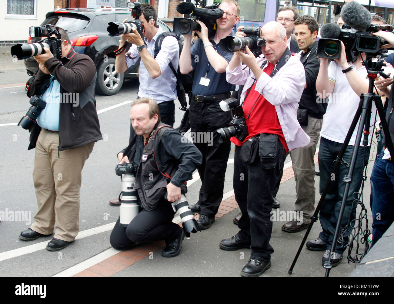 The Press pack. Photographers everywhere. Ed Balls announces his plans to stand for Labour Leadership. Stock Photo