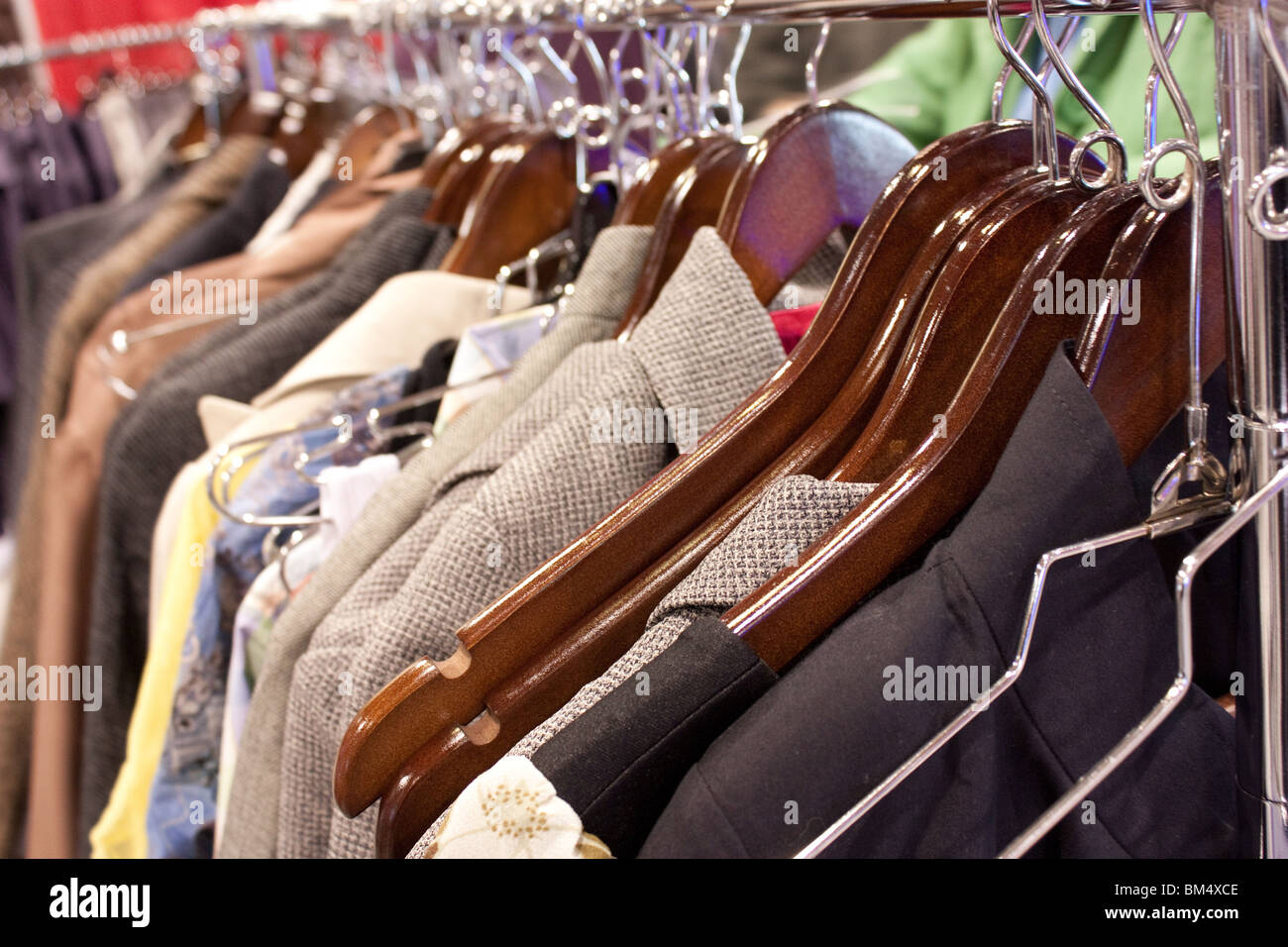 messy clothing rack Stock Photo