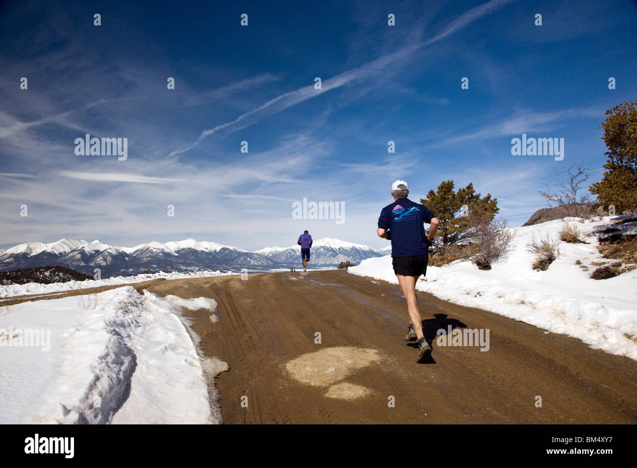 Runners compete in a marathon race near the small mountain town of Salida, Colorado, USA Stock Photo