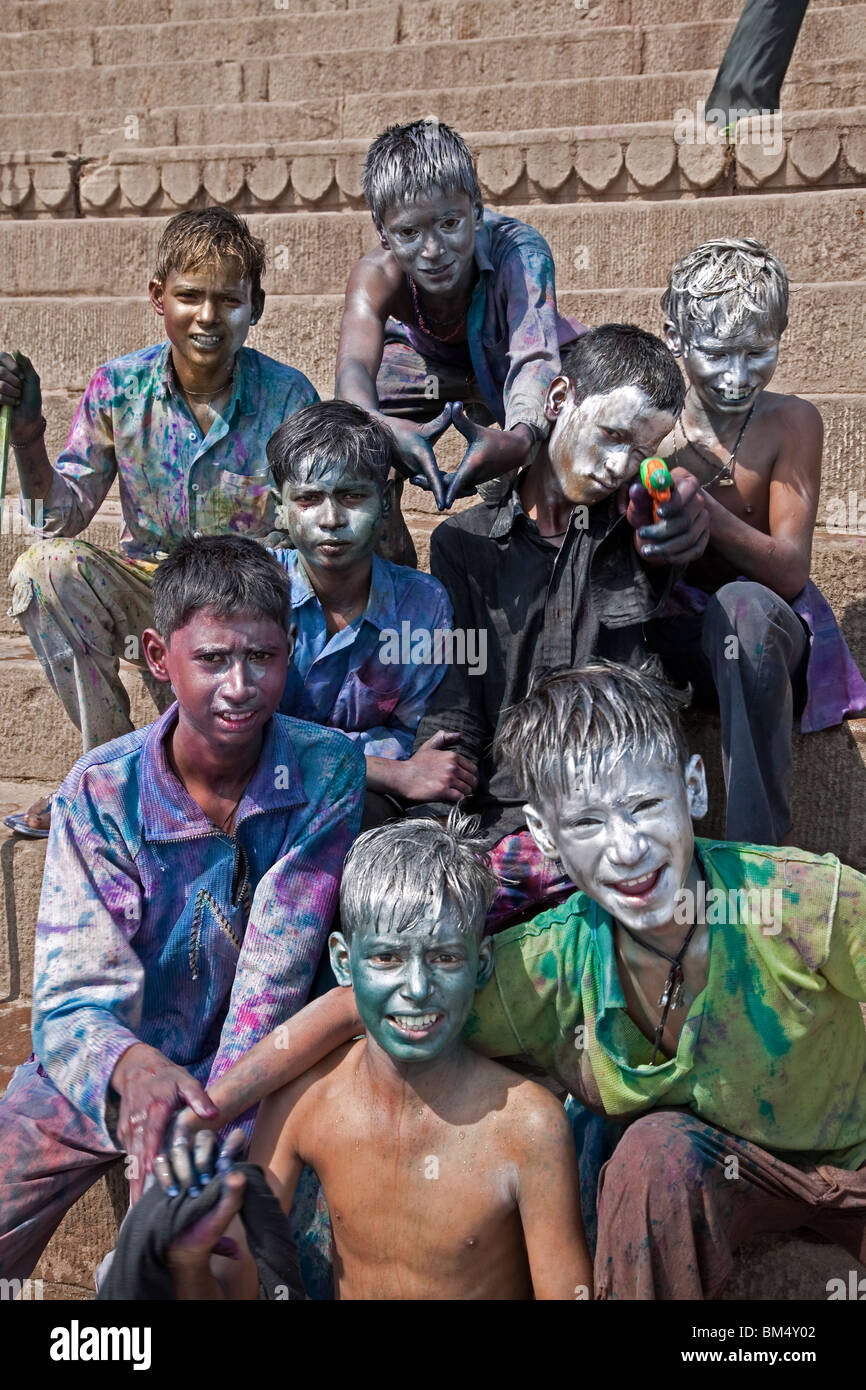 Kids celebrating Holi festival. Varanasi. India Stock Photo