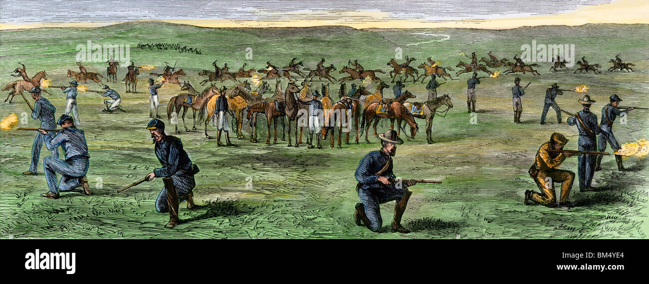 Sioux attack on a company of Custer's Seventh Cavalry on the Great Plains, June 24, 1867. Hand-colored woodcut Stock Photo