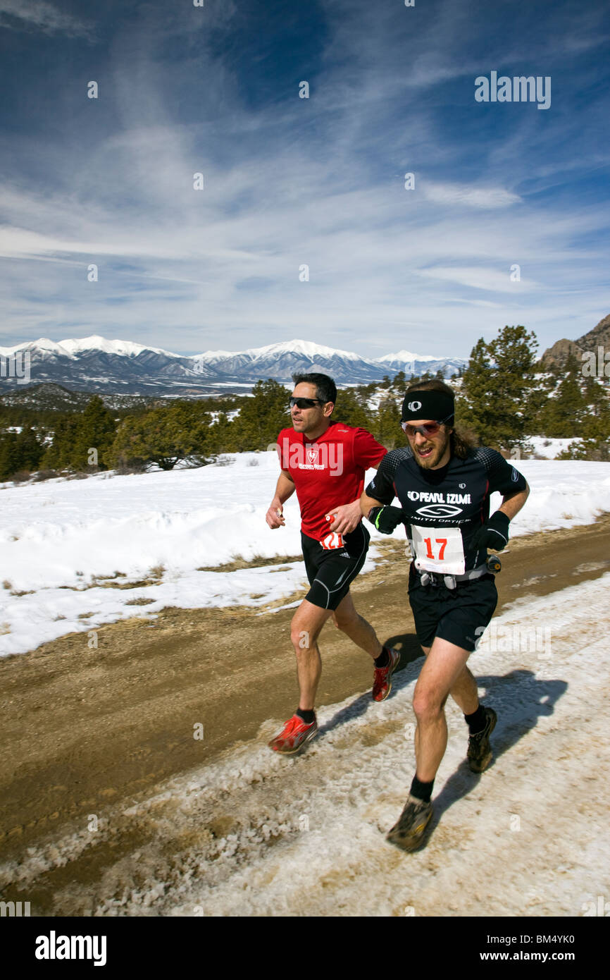 Runners compete in a marathon race near the small mountain town of Salida, Colorado, USA Stock Photo