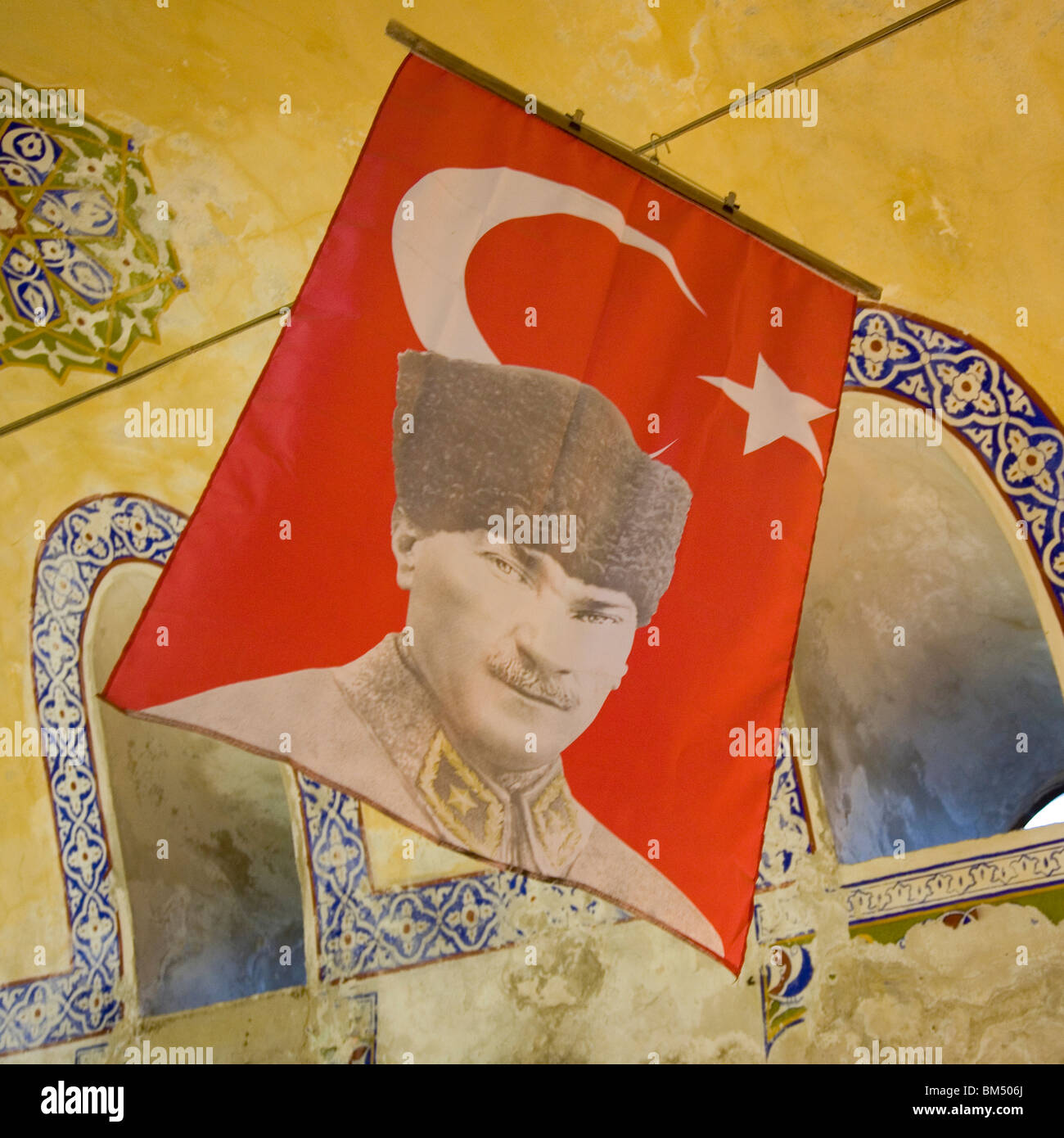 Turkish flag with portrait of Ataturk Stock Photo