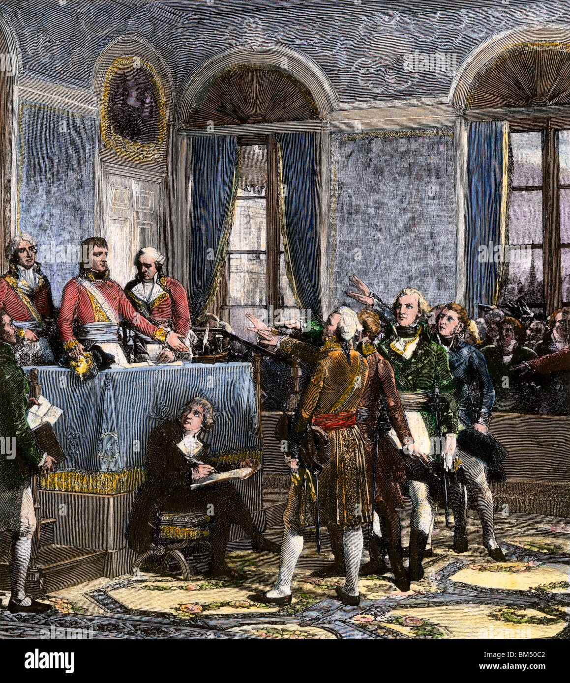 Napoleon, Cambaceres, and Lebrun as Consuls after the French Revolution, Paris, 1799. Hand-colored woodcut Stock Photo