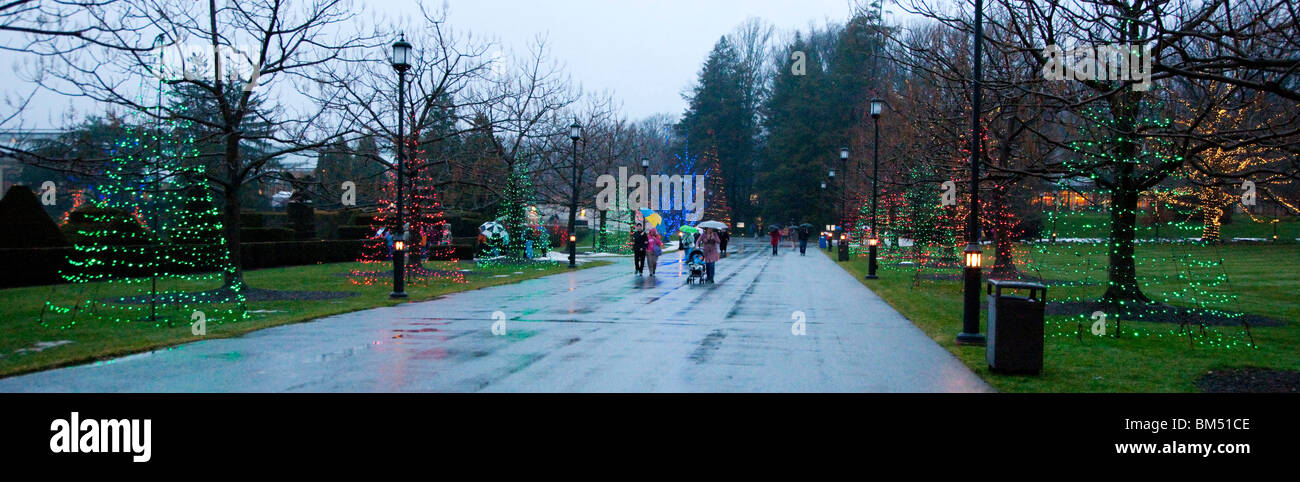 Visitors walk in the rain among trees decorated for Christmas Longwood Gardens, Kennett Square, Pennsylvania, USA Stock Photo