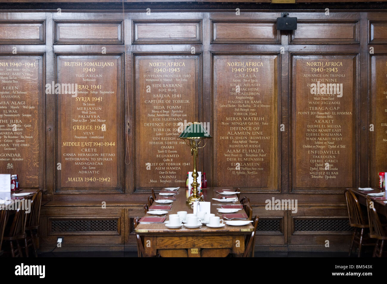 Wooden panel in the Great Hall of the Royal Hospital Chelsea showing dates of some World War II campaigns, London, England, UK Stock Photo