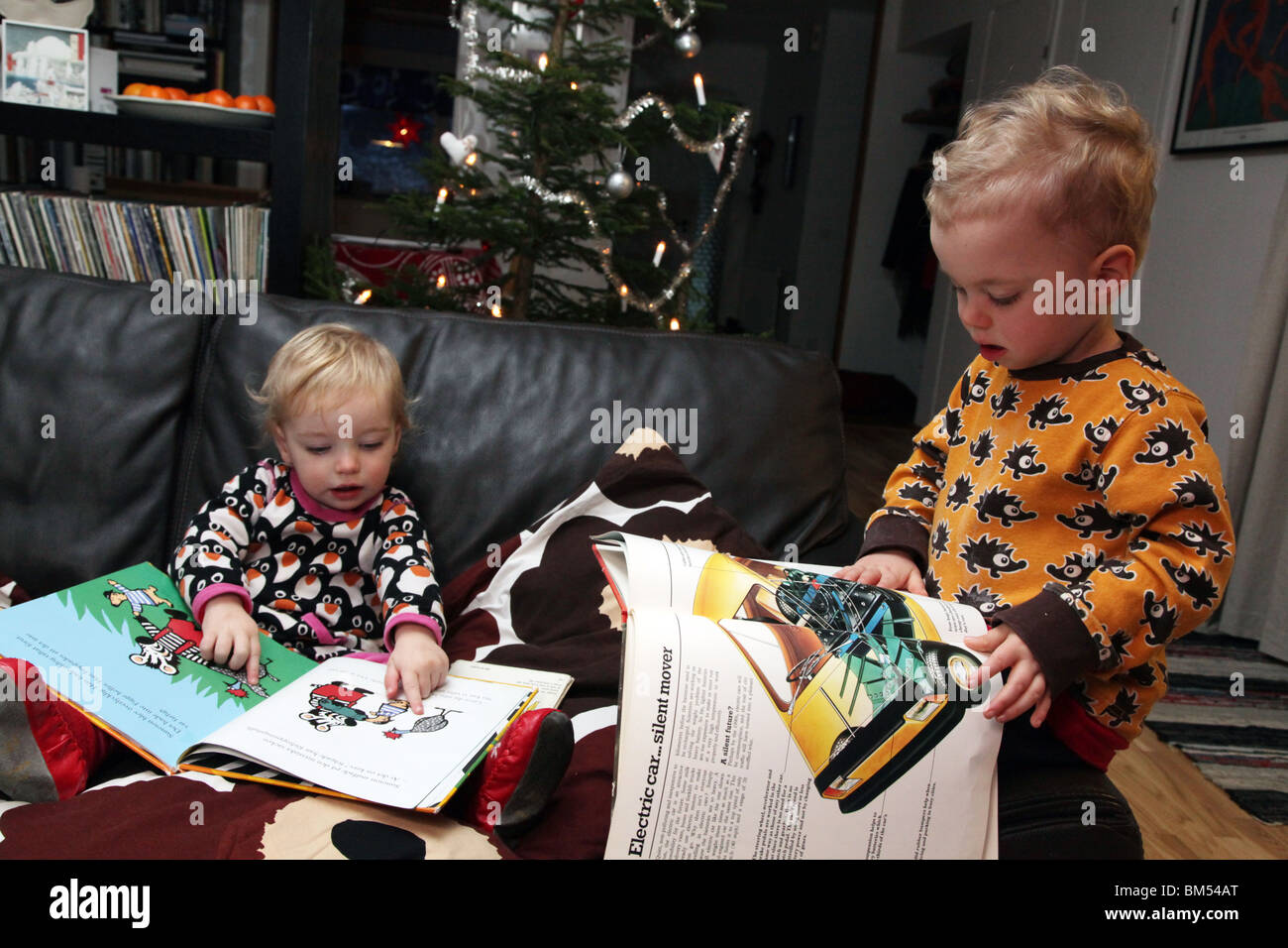 TODDLERS READING BOOKS TOGETHER CHRISTMAS: A brother and sister baby toddlers sit at home together reading books next to Christmas Tree MODEL RELEASE Stock Photo
