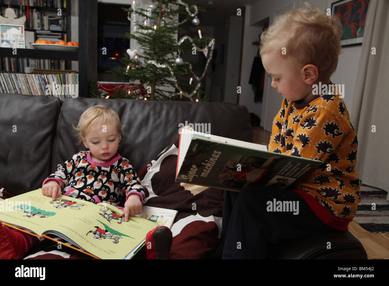 TODDLERS READING BOOKS TOGETHER CHRISTMAS: A brother and sister baby toddlers sit at home together reading books next to Christmas Tree MODEL RELEASE Stock Photo
