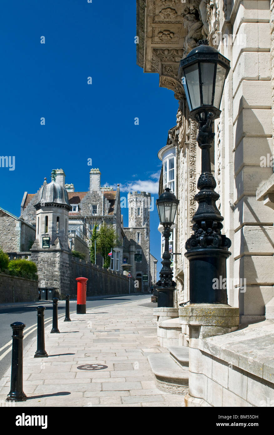 SWANAGE View along High Street toward the landmark Purbeck House Hotel with entrance to the town hall in foreground Swanage Dorset UK Stock Photo