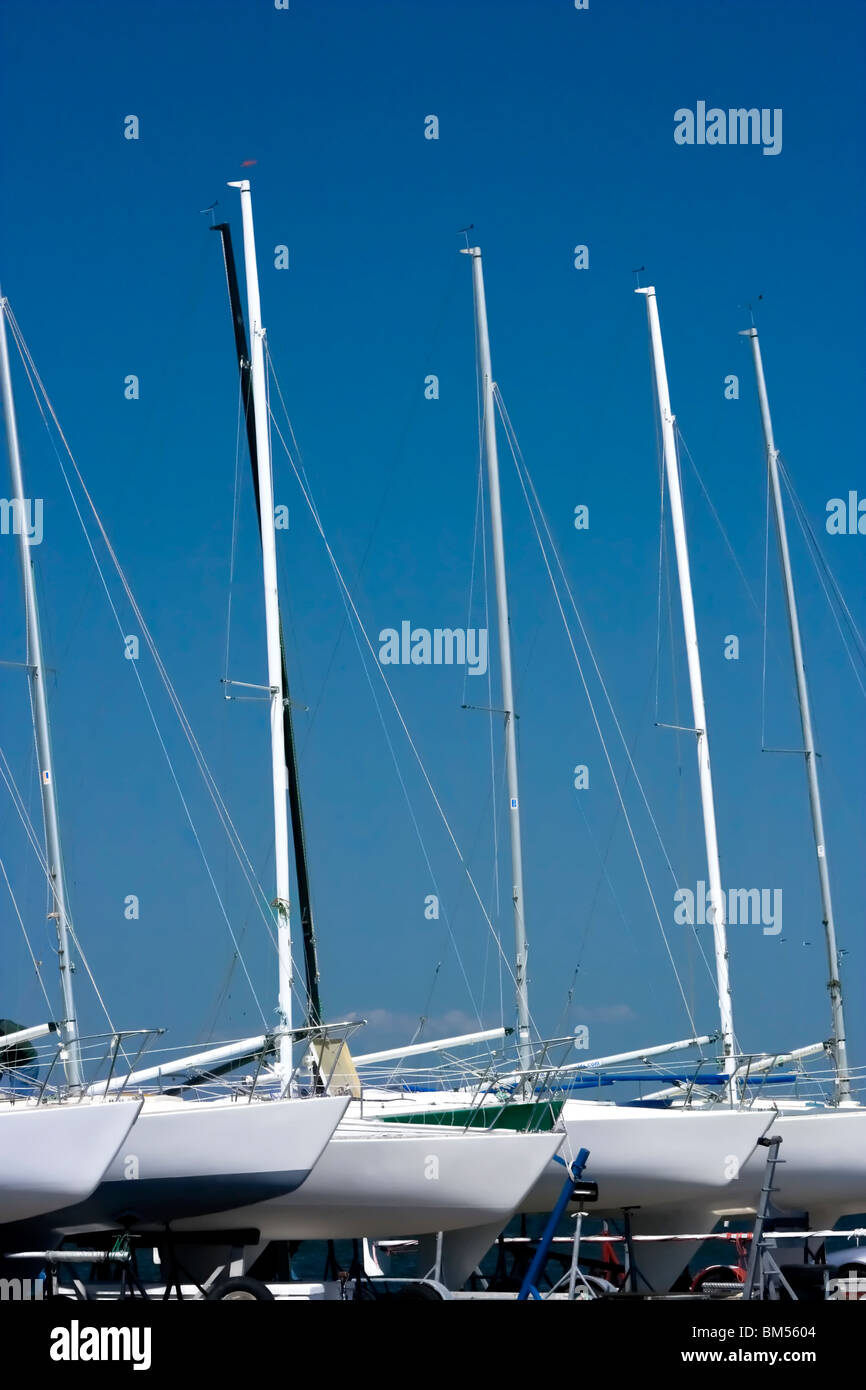 Sailboats in a row on there trailers Stock Photo