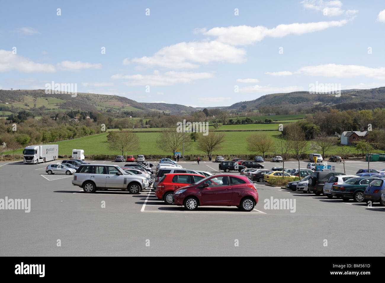 Busy visitors car park at Hay on Wye Powys Mid Wales Stock Photo