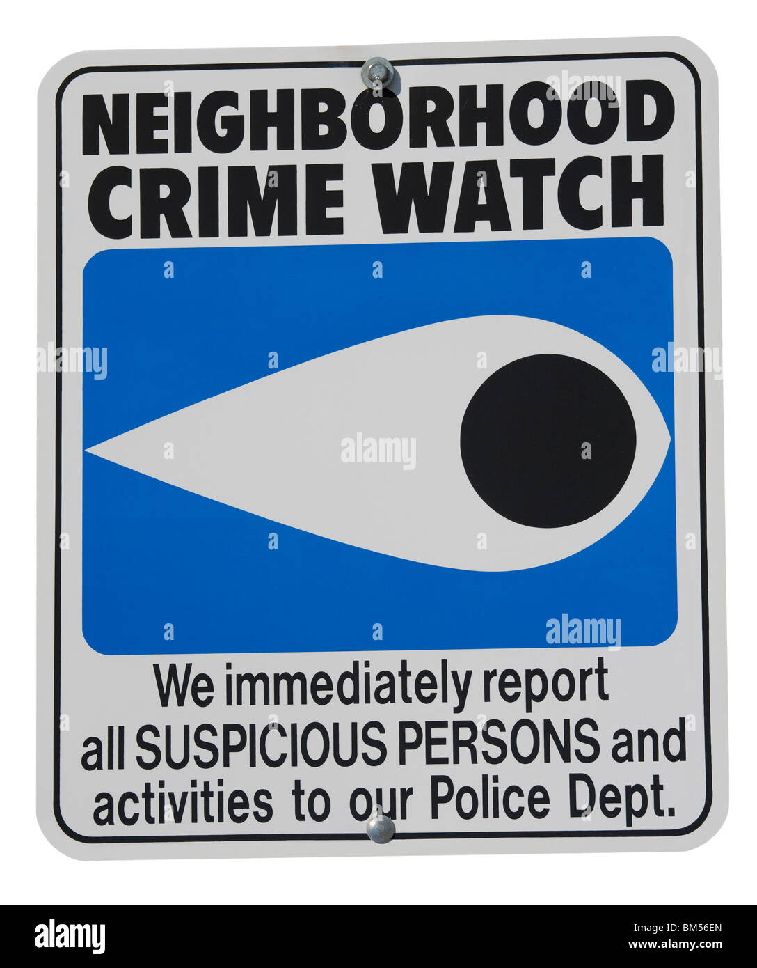 US road traffic sign neighborhood neighbourhood crime watch.We immediately report all suspicious persons to our police dept. Stock Photo