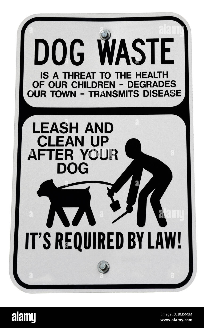 US traffic road sign Leash and clean up after your dog It's required by law! Dog waste is a threat to the health of our children Stock Photo