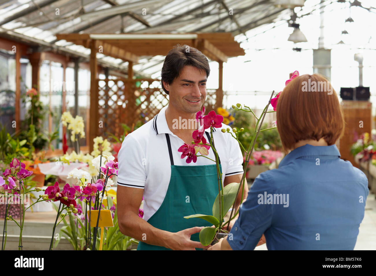 flower seller dealing with customer Stock Photo