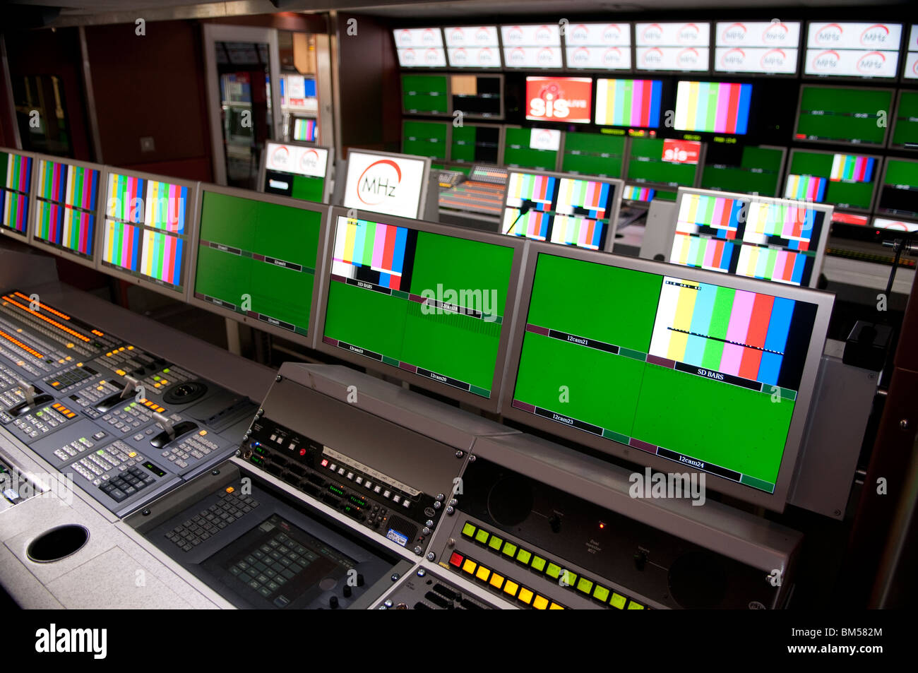 television outside Broadcast control room with multiple monitors Stock Photo