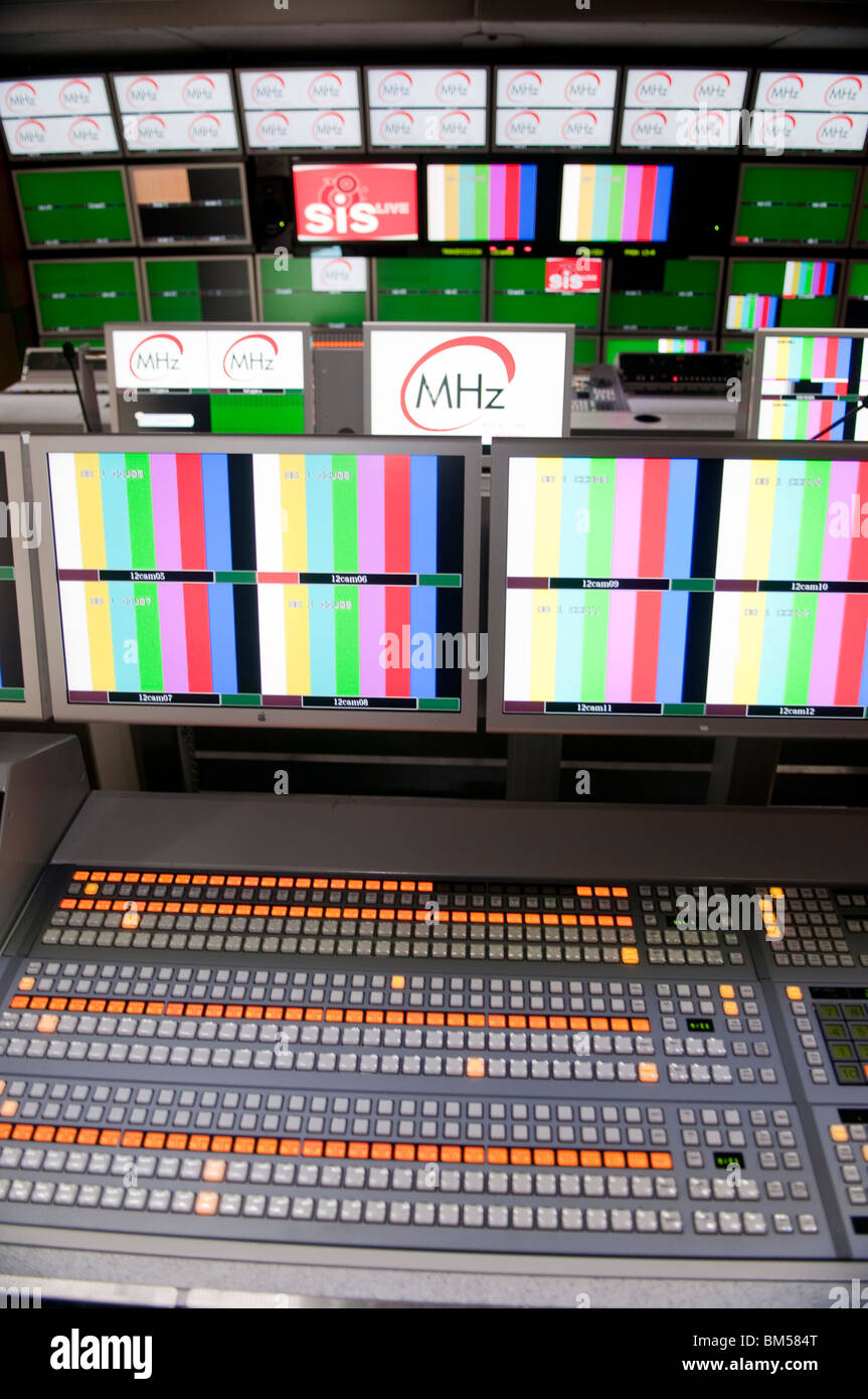 Monitor stack in outside Broadcast Television Vehicle Stock Photo