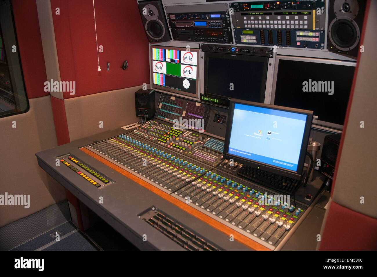 Auxiliary Sound Mixing Position in large Outside Broadcast Production Vehicle Stock Photo
