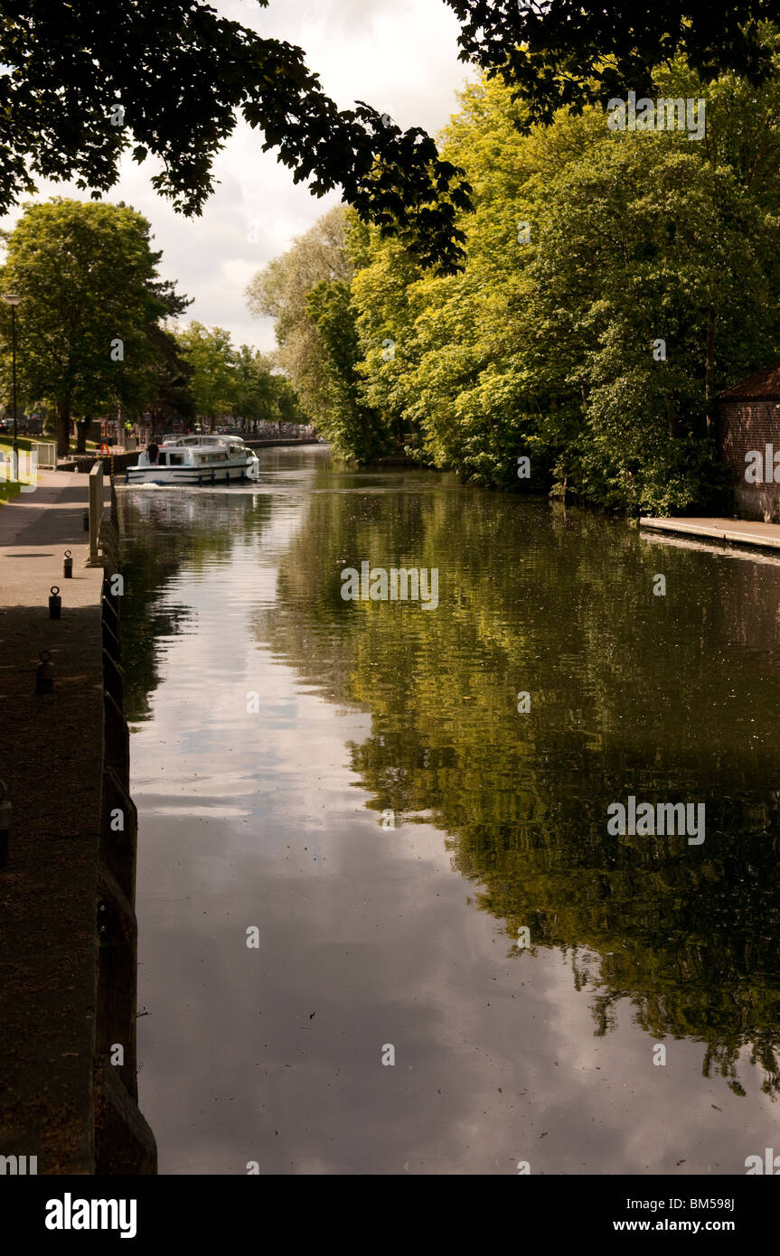 riiver view along river with pleasure boats Stock Photo