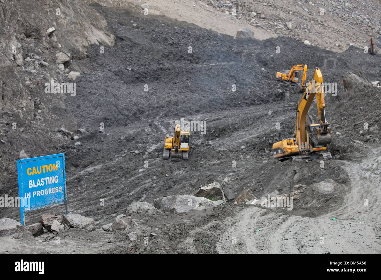 The spillway being dug at the landslide area at Attabad which blocks the Karakoram Highway, Hunza, Pakistan Stock Photo
