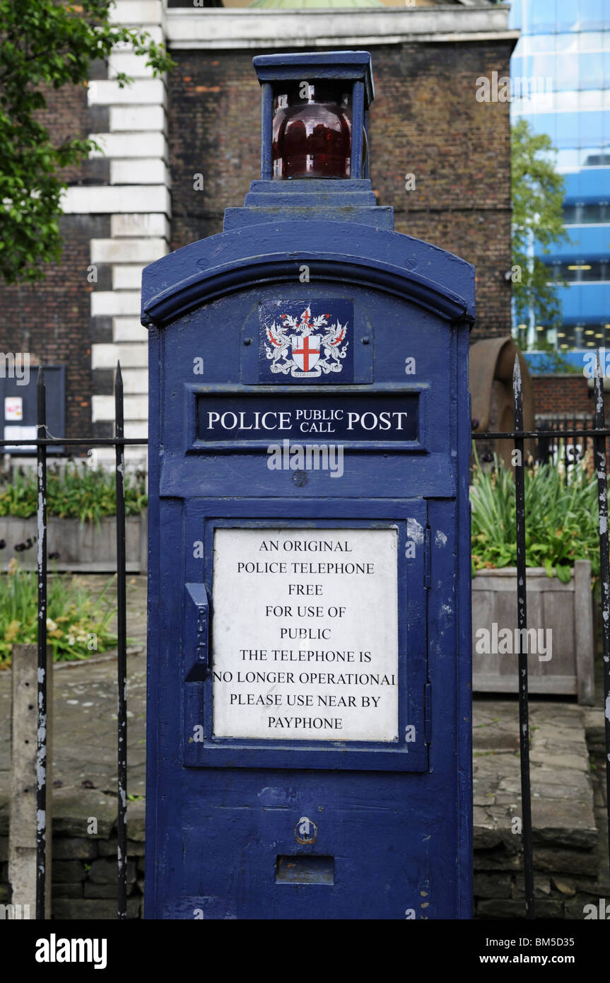 An original blue Police Telephone Box, Aldgate, London, England, UK Stock Photo