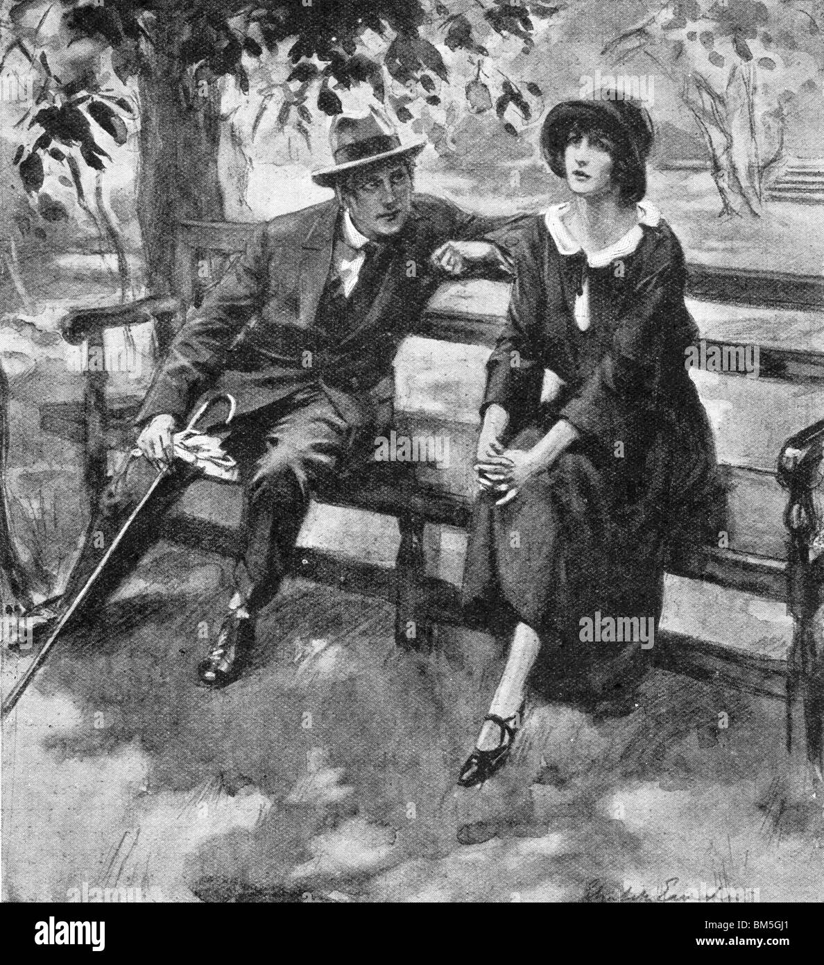 She Stared in front trying to keep back the tears, but they would come.  Woman and Man Talking on the Park Bench Stock Photo