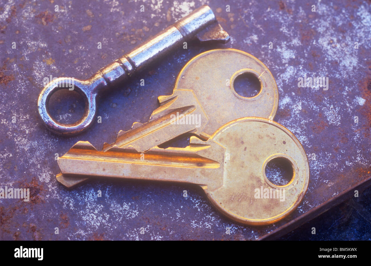 Two brass coloured doorkeys and a small silver key for cashbox or cupboard or cabinet lying on rusting metal tray Stock Photo