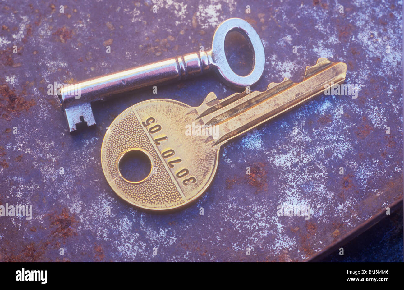 Brass coloured doorkey and a small silver key for cashbox or cupboard or cabinet lying on rusting metal tray Stock Photo