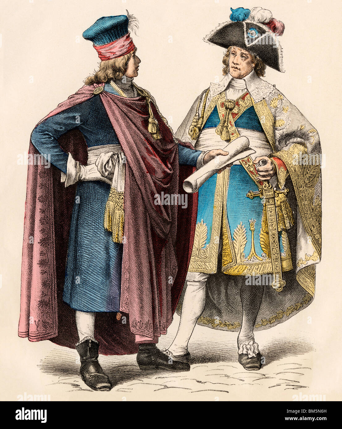 Deputy of the Council of the Five Hundred (left) and member of the Directory, French Revolution, 1790s. Hand-colored print Stock Photo