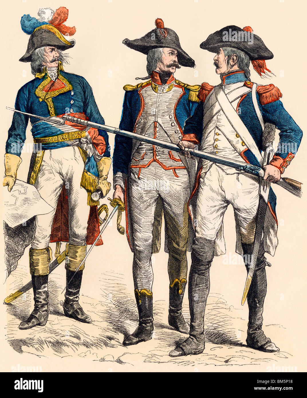 French general (left) and infantry officers, 1795. Hand-colored print Stock Photo