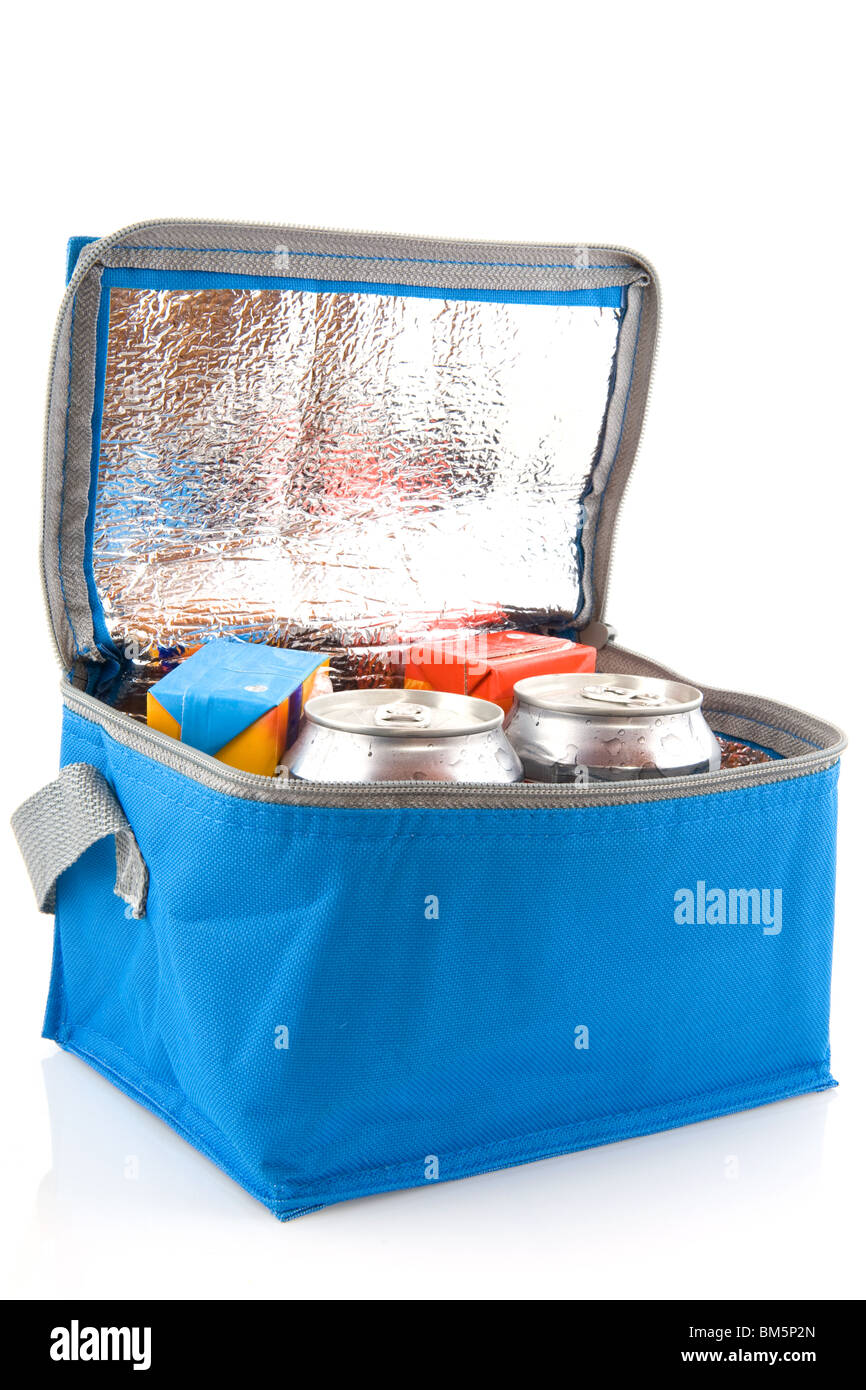 Blue cool box with tins and packets beverages Stock Photo