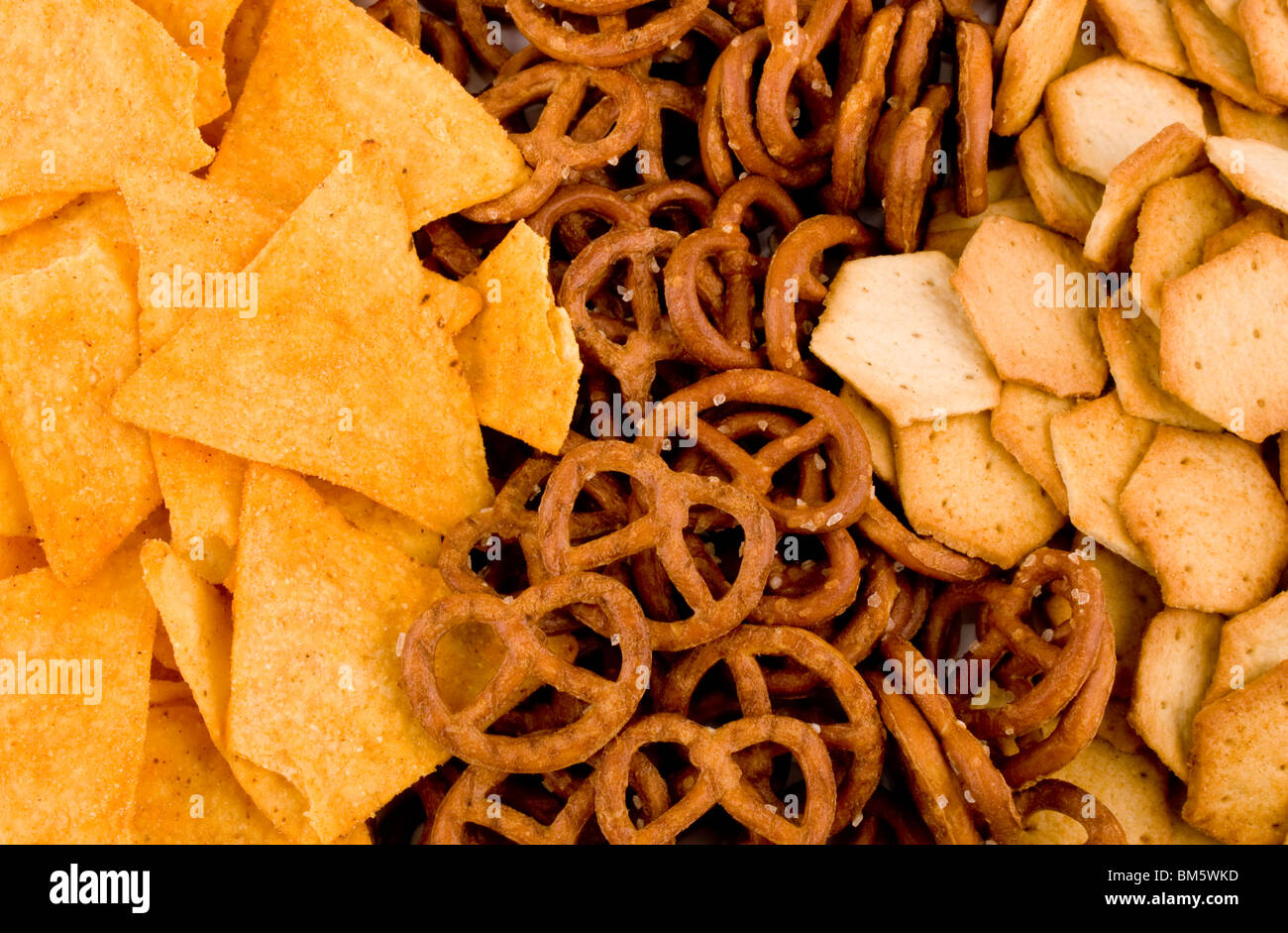 Closeup picture of tortilla chips, pretzels and spicy crackers Stock Photo Alamy