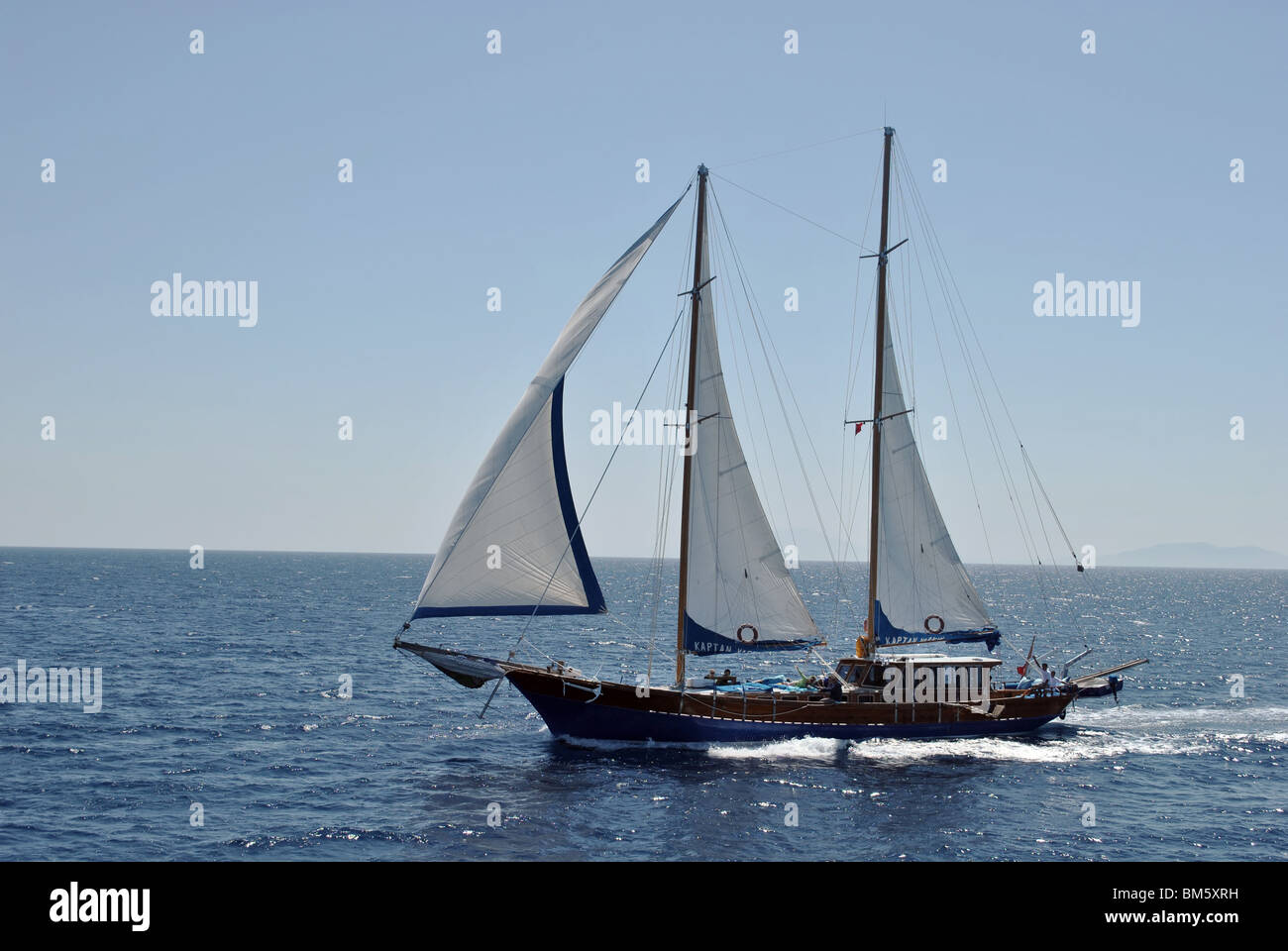 wooden luxury sailboat sailing at the Mediterranean sea Stock Photo