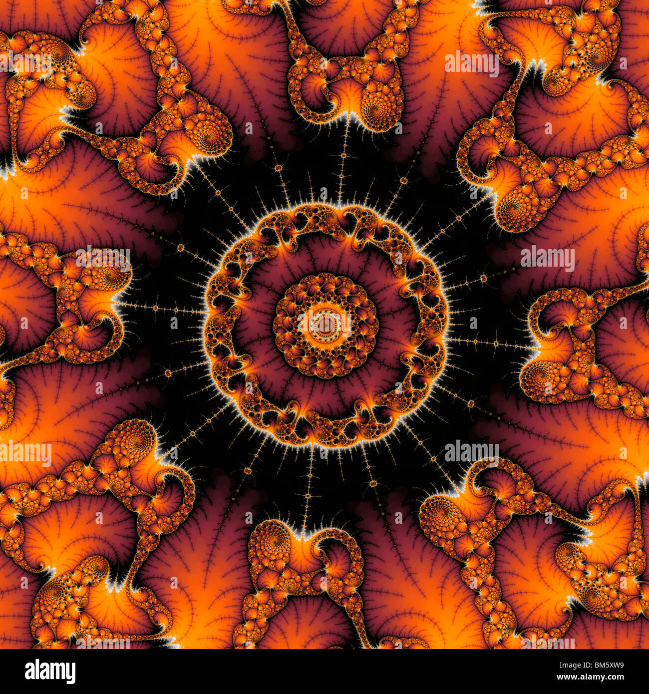 The Mandelbrot Set contains an infinite number of smaller copies of itself, surrounded by complex patterns. Stock Photo