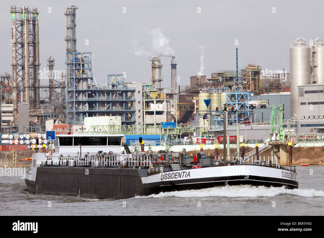 Bayer AG chemical factory in Leverkusen at the rhine. tanker. Leverkusen, NRW, Germany, Europe. Stock Photo