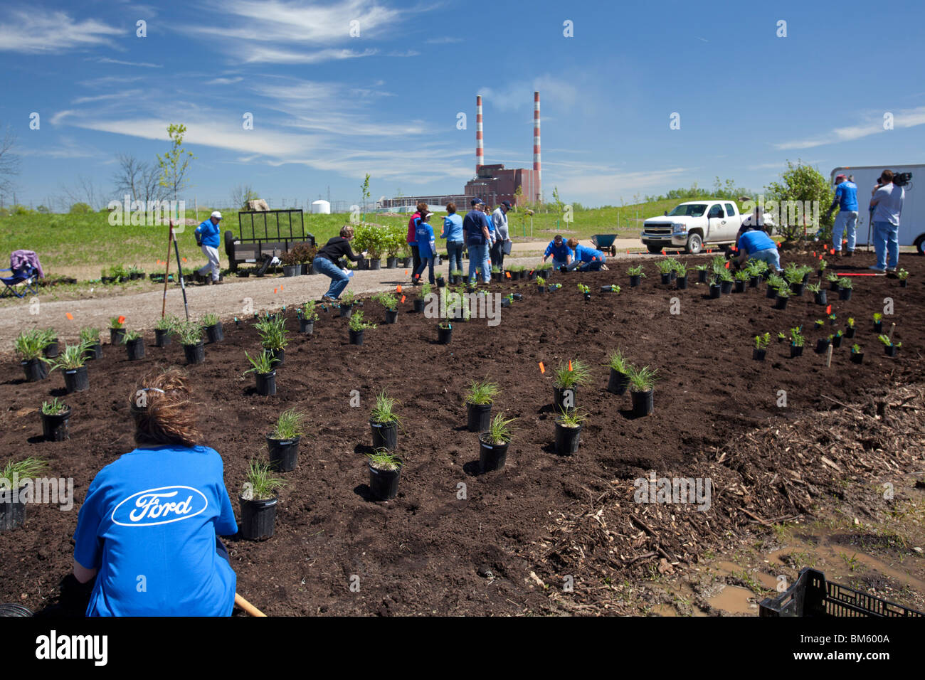 Volunteers Plant Educational Garden of Native Plants at Detroit River International Wildlife Refuge Stock Photo