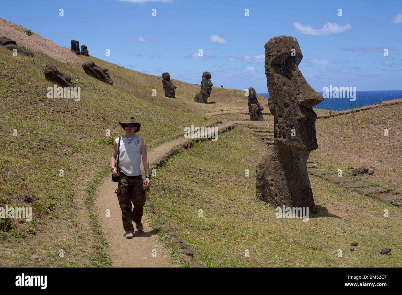 Big statues called moai in the quarry Rano Raraku at Easter Island