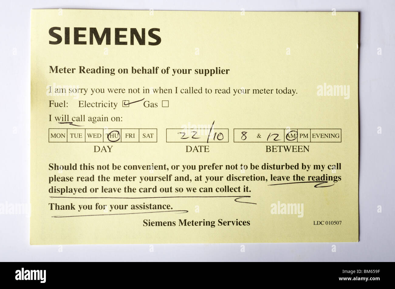 Meter Reading Window Card Siemens electricity meter reading card which is left at a customers ...