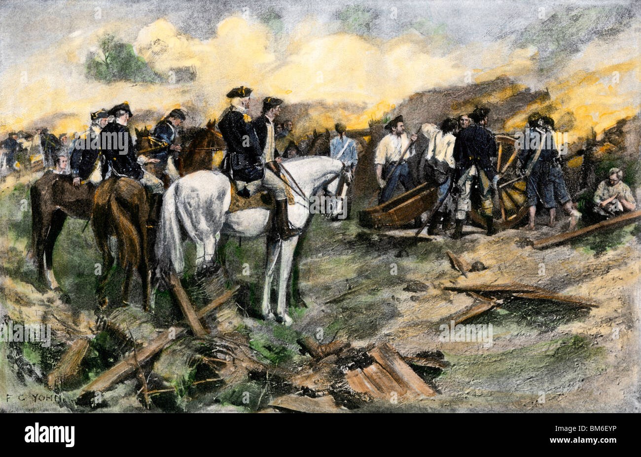 George Washington directing the siege of Yorktown, Virginia, during the American Revolution, 1781.  Hand-colored woodcut Stock Photo