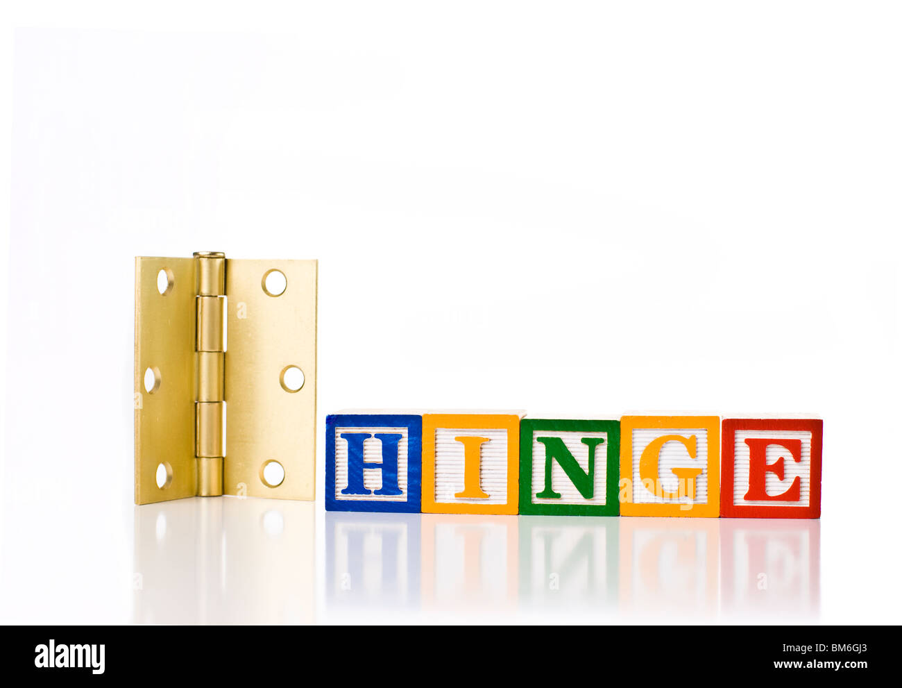 Colorful children's blocks spelling the word HINGE with a brass hinge Stock  Photo - Alamy